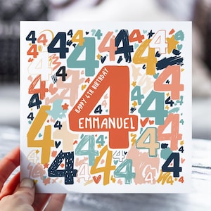 Carte personnalisée pour le 4e anniversaire | Carte à numéros pour garçons, filles, fils, fille, petit-fils, petite-fille, nièce, neveu | Carte personnalisée pour l'âge de 4 ans avec prénom