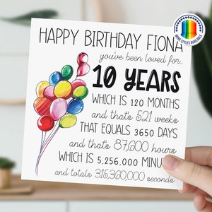 carte personnalisée 10e anniversaire | Ballon de 10 ans | Carte Joyeux 10e anniversaire pour garçon, fille | Fils, fille, petit-fils, petite-fille