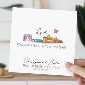 Carte de fiançailles de Rome | Fiancés en Italie Skyline | Félicitations pour vos fiançailles | Cadeau pour couple | Carte de mariage aquarelle Rome
