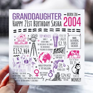 Carte d'anniversaire pour petite-fille | Né en 2004 Fiche d'information pour petite-fille | Carte de 21 ans pour elle | 21e cadeau pour une petite-fille