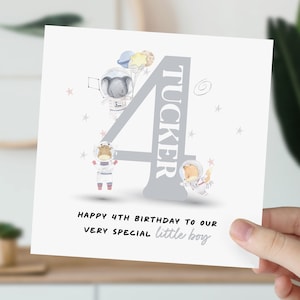 4e anniversaire pour petit garçon, fils, neveu, petit-fils, filleul | Carte mignonne d'astronaute | Carte personnalisée animal de quatre ans pour enfant