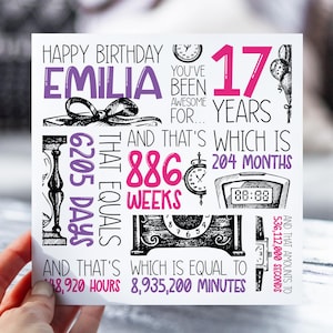d'anniversaire personnalisée de 17 ans | 17e anniversaire pour fille, elle | Carte 2008 ans et mois | Fille, petite-fille, nièce, soeur