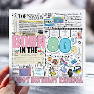 d'anniversaire né dans les années 80 | Carte des années 80 pour maman, soeur, amie, fille, tante | Carte nostalgie rétro pour elle | Carte d'information sur la décennie amusante