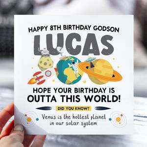 8th Birthday Card Space Theme | Rocket Card for Son, Daughter, Grandson, Niece, Nephew | Fun Outer Space Fact Name Card | 8 Year Old Gift