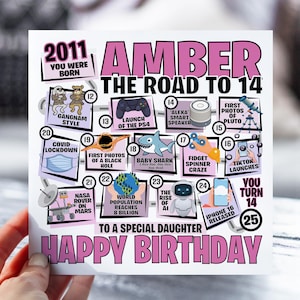 14e anniversaire pour fille | Carte La route des 14 | Carte Né en 2011 | carte postale pour fille, nièce, petite-fille, soeur | Faits à 14 ans