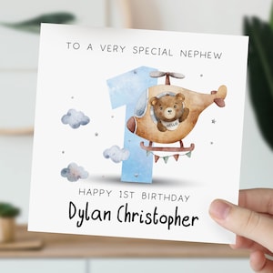 Carte 1er anniversaire pour fils, petit-fils, neveu, frère | Carte de premier anniversaire pour bébé garçon | Carte personnalisée ours 1er, 2e, 3e hélicoptère