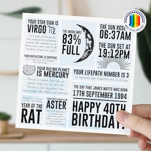 Carte 40e anniversaire pour lui, hommes, fils, père, mari | Carte d'information sur l'astrologie lunaire | de signe astrologique personnalisée | Carte d'anniversaire jalon
