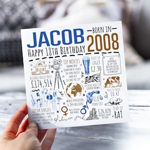 Personalised 18th Birthday Card | Born in 2008 Facts | Milestone Greetings Card For Him | For Son, Nephew, Grandson, Brother, Boyfriend