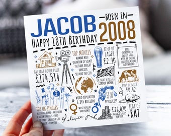 Personalised 18th Birthday Card | Born in 2008 Facts | Milestone Greetings Card For Him | For Son, Nephew, Grandson, Brother, Boyfriend