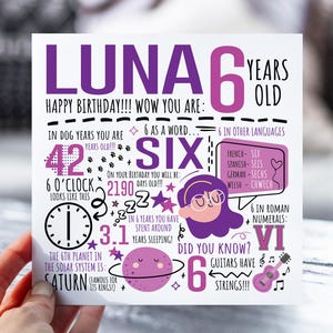 Carte d'anniversaire personnalisée pour fille | Carte d'anniversaire pour fille, nièce, soeur, petite-fille | Carte de 6 ans | Carte d'anecdotes
