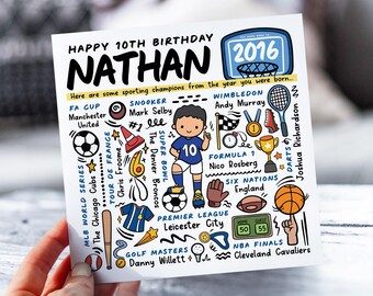 Personalised 10th Birthday Card For Boy | Sport Facts Card For Son, Nephew, Brother, Grandson | Football, Golf, Darts Facts | Born in 2016