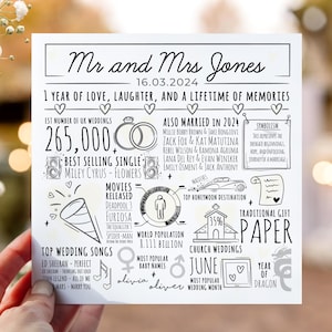 Carte d'anniversaire de 1 an pour mari, femme | Joli cadeau d'anniversaire en papier pour couple | Carte d'information sur le mariage 2024 | Carte 1er anniversaire de mariage