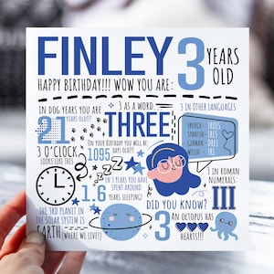 Carte d'anniversaire personnalisée pour garçon | 3e anniversaire pour fils, neveu, frère, petit-fils | Carte pour enfants de 3 ans | Carte d'anecdotes