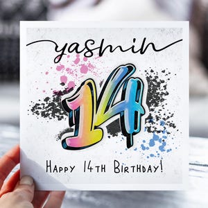 14e carte d'anniversaire graffiti personnalisée | 14e anniversaire fille, garçon | carte postale pour 14 ans | Carte pour fille, fils, petit-fils, petite-fille
