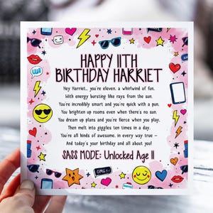 11e anniversaire pour fille impertinente | Carte poème drôle pour fille, petite-fille, nièce | Carte d'anniversaire personnalisée Kids Attitude pour 11 ans