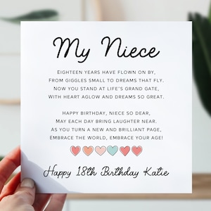 Carte pour le 18e anniversaire d'une nièce | 18e anniversaire de nièce | Jolie carte poème pour elle | Carte d'anniversaire de 18 ans du coeur pour une nièce, une fille et pour elle