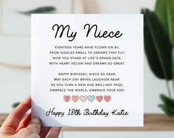 Carte pour le 18e anniversaire d'une nièce | 18e anniversaire de nièce | Jolie carte poème pour elle | Carte d'anniversaire de 18 ans du coeur pour une nièce, une fille et pour elle