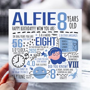 d'anniversaire personnalisée pour garçon | 8e anniversaire pour fils, neveu, frère, petit-fils | Carte pour enfants de 8 ans | Carte d'anecdotes