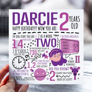 Carte d'anniversaire personnalisée pour fille | Carte d'anniversaire pour fille, nièce, soeur, petite-fille | Carte de visite de 2 ans | Carte d'anecdotes
