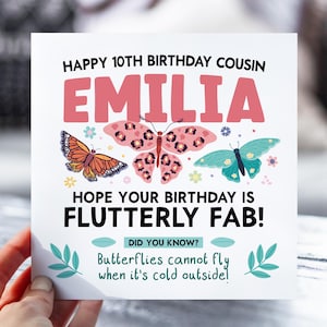 Carte 10e anniversaire pour filles | Carte d'anniversaire papillon pour fille, petite-fille, nièce, soeur | Carte animalière mignonne d'information | Carte de 10 ans