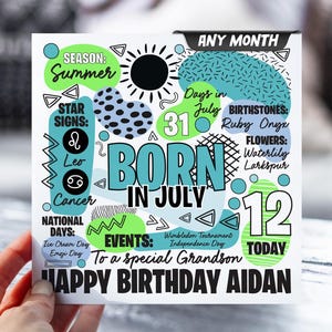 Carte d'anniversaire pour garçon | pour enfant de 12 ans | N'importe quel mois | Carte d'informations sur le zodiaque pour enfants | Carte pour fils, petit-fils, neveu, frère