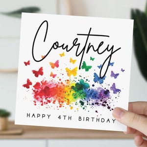 Personalised 4 Year Old Rainbow Butterfly Card | 4th Birthday Card With Name | Greetings Card For Daughter, Granddaughter, Niece, Girl