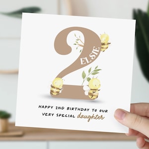 Carte d'anniversaire pour petite fille, fille, nièce, petite-fille | Carte mignonne de bourdon | Carte personnalisée animal de deux ans pour elle