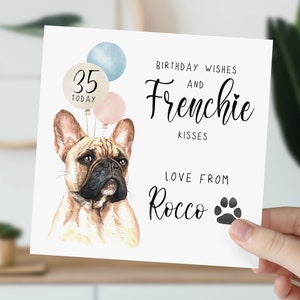 d'anniversaire de bouledogue français | Joyeux anniversaire de la part du Frenchie | Amateurs de Frenchie | carte personnalisée du chien | Carte d'anniversaire personnalisée