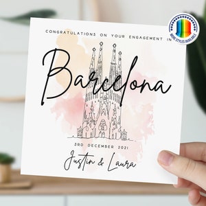 carte personnalisée de fiançailles de Barcelone | Cadeau pour couple | Fiancées à Barcelone | Félicitations pour votre carte de fiançailles | Aquarelle