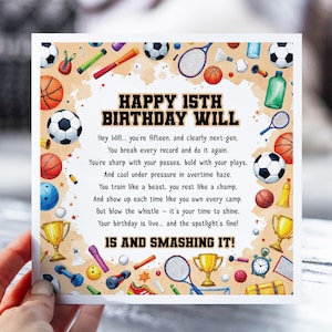 Carte 15e anniversaire pour garçon sportif | Carte poème drôle pour fils, petit-fils, neveu | Carte d'anniversaire personnalisée pour enfants | Thème sportif de football