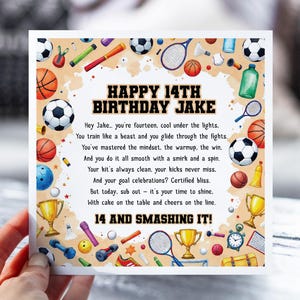 14e anniversaire pour garçon sportif | Carte poème drôle pour fils, petit-fils, neveu | Carte d'anniversaire personnalisée pour enfants | Thème sportif de football