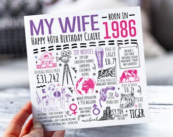 Tarjeta de 40 cumpleaños para esposa / Nacida en 1986 Tarjeta para esposa, pareja, amante / Tarjeta de 40 años para mi esposa / Tarjeta de 40 años para ella / Regalo de 40 años para la señora