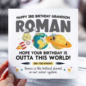 3rd Birthday Card Space Theme | Rocket Card for Son, Daughter, Grandson, Niece, Nephew | Fun Outer Space Fact Name Card | 3 Year Old Gift