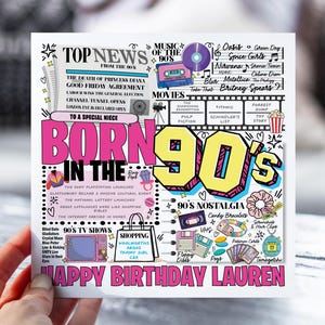 d'anniversaire né dans les années 90 | Carte nostalgie des années 1990 pour fille, soeur, ami | Carte rétro amusante pour son anniversaire | Carte d'information sur la décennie amusante