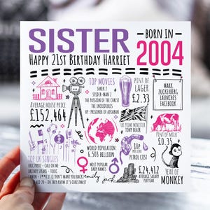 Carte 21e anniversaire pour soeur | Né en 2004 Fiche d'information pour Sis, Sister | Soeur 21e carte | Carte de 21 ans pour elle | 21e cadeau pour soeur