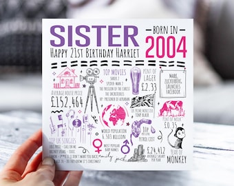 Carte 21e anniversaire pour soeur | Né en 2004 Fiche d'information pour Sis, Sister | Soeur 21e carte | Carte de 21 ans pour elle | 21e cadeau pour soeur