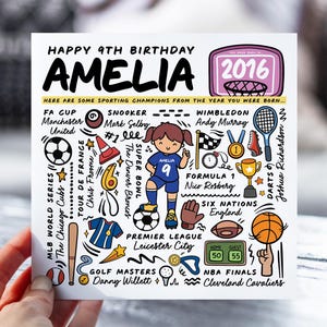 Carte d'anniversaire personnalisée pour fille | Carte d'informations sur le sport pour fille, nièce, petite-fille | Carte pour enfants de 9 ans | Carte d'anecdotes