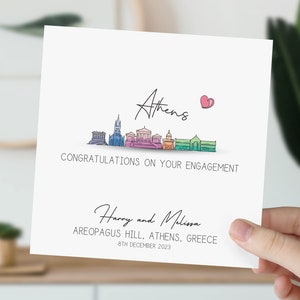 Carte de fiançailles d'Athènes | Fiancés dans la ligne d'horizon de la Grèce | Félicitations pour vos fiançailles | Cadeau pour couple | Carte de mariage aquarelle Grèce