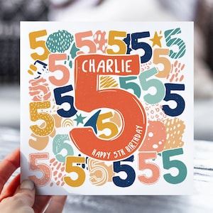 Carte personnalisée pour 5e anniversaire | Carte à numéros pour garçons, filles, fils, fille, petit-fils, petite-fille, nièce, neveu | Carte personnalisée pour l'âge de 5 ans avec prénom