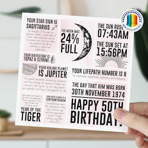 Carte 50e anniversaire pour elle, femmes, maman, tante, épouse | Carte d'information sur l'astrologie lunaire | de signe astrologique personnalisée | Carte d'anniversaire jalon