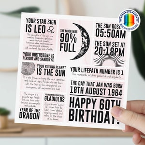 Carte 60e anniversaire pour elle, femmes, maman, tante, épouse | Carte d'information sur l'astrologie lunaire | de signe astrologique personnalisée | Carte d'anniversaire jalon