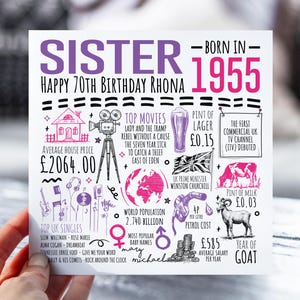 70e anniversaire pour soeur | Né en 1955 Fiche d'information pour soeur, soeur | Soeur 70e carte | Carte de 70 ans pour elle | 70e cadeau pour soeur