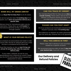 May include: A graphic detailing delivery and refund policies. Text covers order arrival times, tracking, dispatch times, and refund information. A cartoon panda logo is visible in the bottom right corner of the graphic.