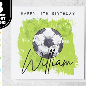 11e anniversaire sur le thème du sport | Carte de football de 11 ans personnalisée pour fils, petit-fils, neveu | Carte de onzième anniversaire pour amateur de sport