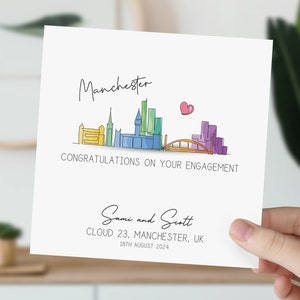 Carte de fiançailles de Manchester | Engagé dans la ligne d'horizon du Royaume-Uni | Félicitations pour vos fiançailles | Cadeau pour couple | Mariage aquarelle en Angleterre