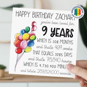 Carte d'anniversaire personnalisée pour 9 ans | Ballon de 9 ans | Carte Joyeux 9e anniversaire pour garçon, fille | Fils, fille, petit-fils, petite-fille