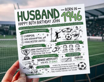 80th Football Birthday Card For Husband | Born in 1946 Card for Hubby, Partner, Lover | Husband 80th Card | 80 Year Old Footie Card For Him