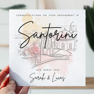 carte de fiançailles personnalisée de Santorin | Cadeau pour couple | Fiancés en Grèce | Félicitations pour votre carte de fiançailles | Aquarelle de Grèce