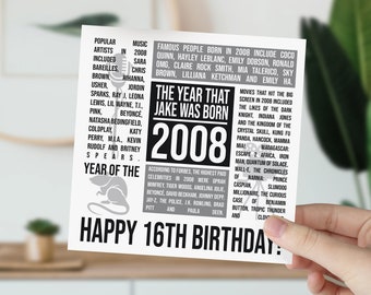 Personalised 16th Birthday Card | Born in 2008 | Card For 16 Year Old Son, Brother, Nephew, Grandson | Birthday Card For Him | 2008 Facts