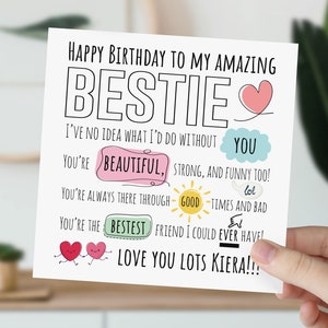 d'anniversaire personnalisée Bestie | carte postale pour elle | Carte de voeux pour bestie, meilleur ami, ami | carte d'anniversaire | Jolie carte de voeux